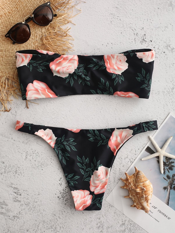 Floral Sexy Bikinis Tie Front Print Bandeau Backless Swimsuits - TD Mercado