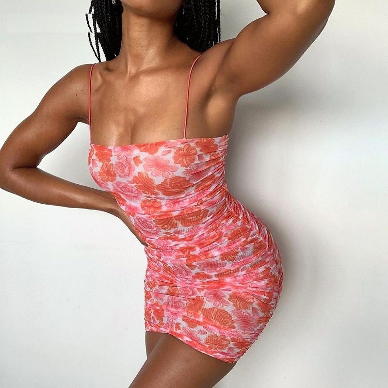 Spaghetti Strap Flower Print Ruched Sexy Mini Dresses - Image 4