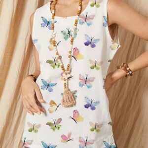 Butterflies Print O-neck Sleeveless Vintage Tank Top