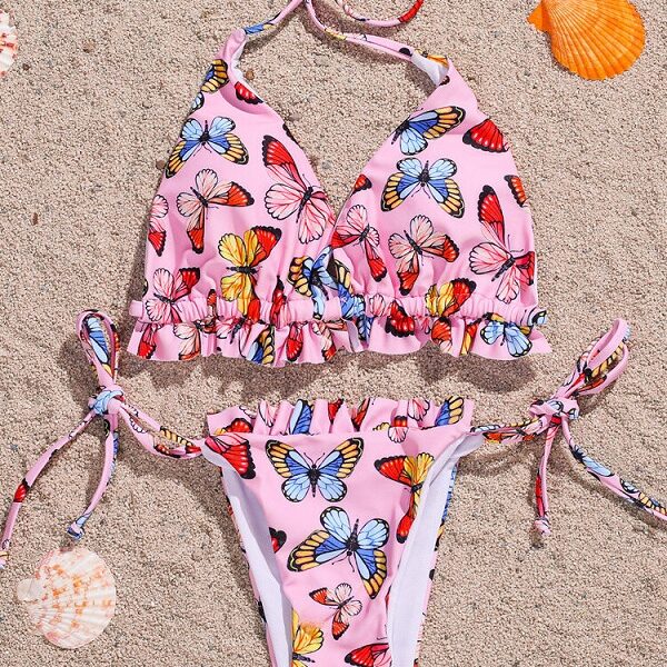 Butterfly Print Frill Trim Tie Halter Micro Bikinis Swimwear - TD Mercado