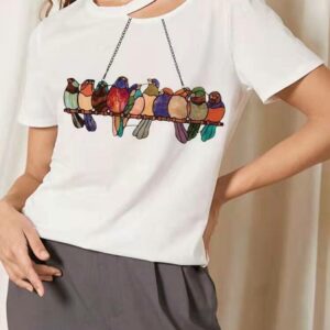 Hollow Out Short Sleeve O-neck Birds Print T-Shirt