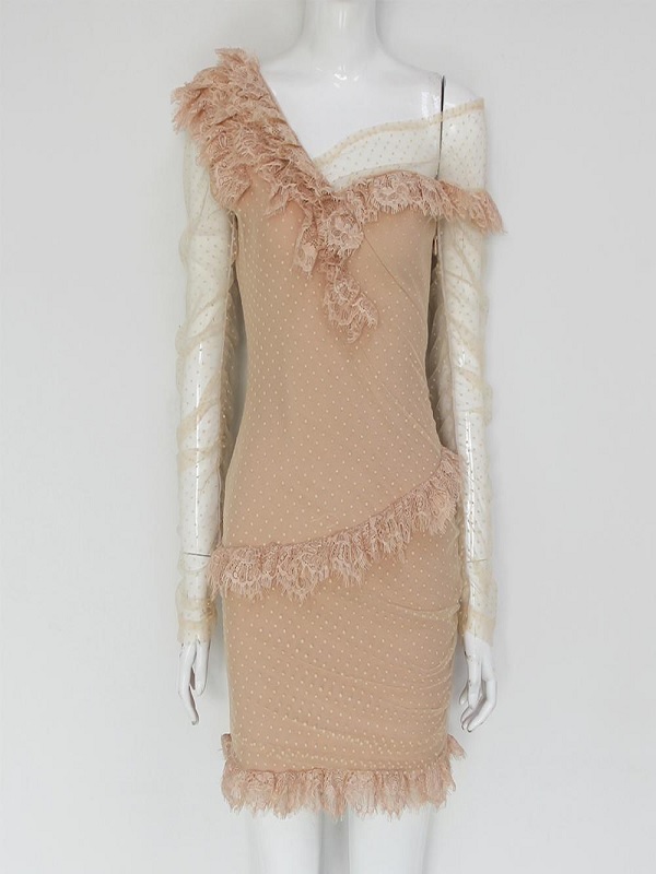 Asymmetrical Lace Off Shoulder Frill Mesh Bandage Party Mini Dress - Image 3