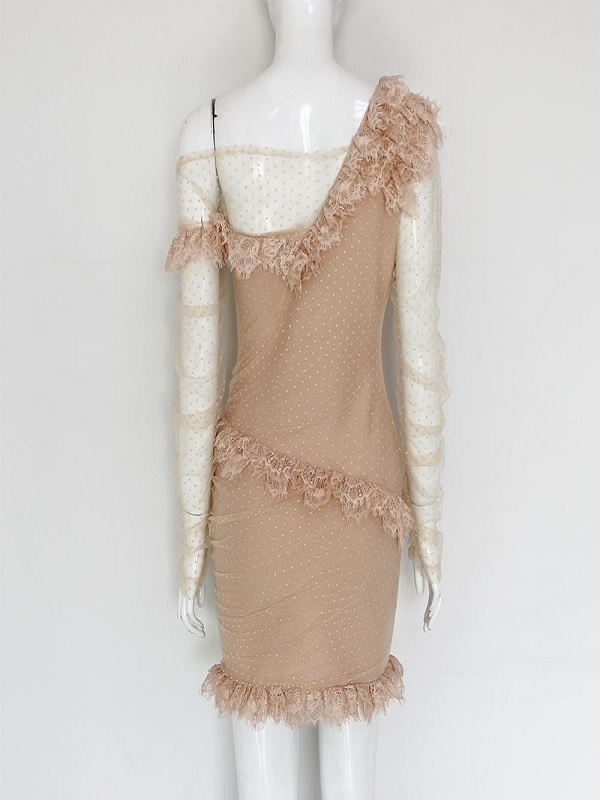 Asymmetrical Lace Off Shoulder Frill Mesh Bandage Party Mini Dress - Image 4