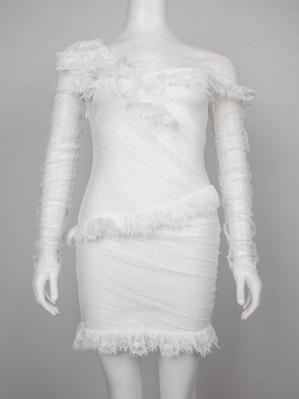 Asymmetrical Lace Off Shoulder Frill Mesh Bandage Party Mini Dress - Image 5
