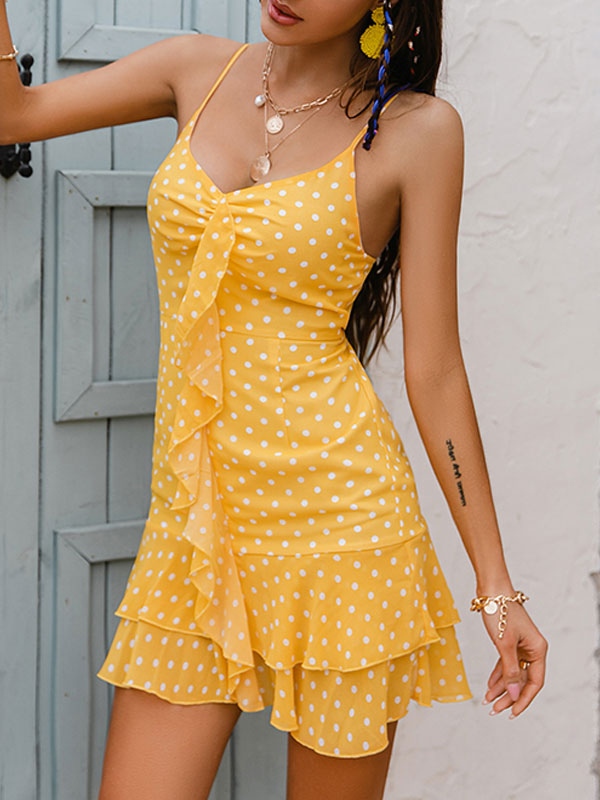 Polka Dot Pattern Ruffles Layered Sleeveless Beach Dress - TD Mercado