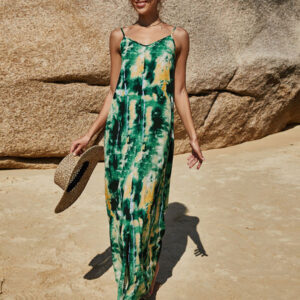 Printed Sleeveless Pattern V-Neck Polyester Long Maxi Dress