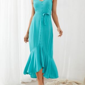 Sleeveless Backless Knotted Breasted Ruffle Hem Strap Sexy Dress