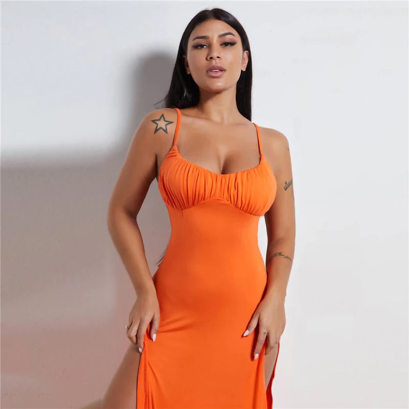 Solid High Split Sexy Spaghetti Strap Slim Midi Dress - Image 2