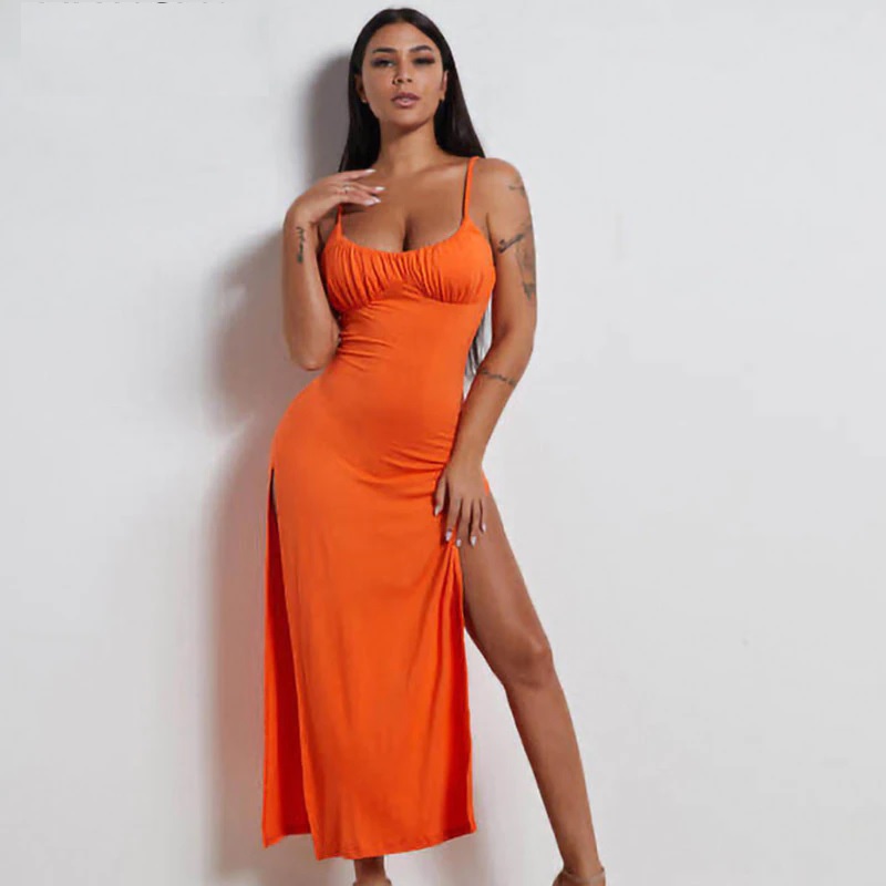 Solid High Split Sexy Spaghetti Strap Slim Midi Dress