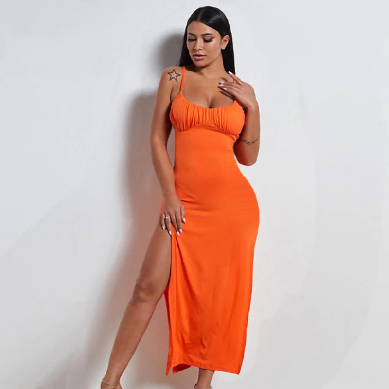 Solid High Split Sexy Spaghetti Strap Slim Midi Dress - Image 5