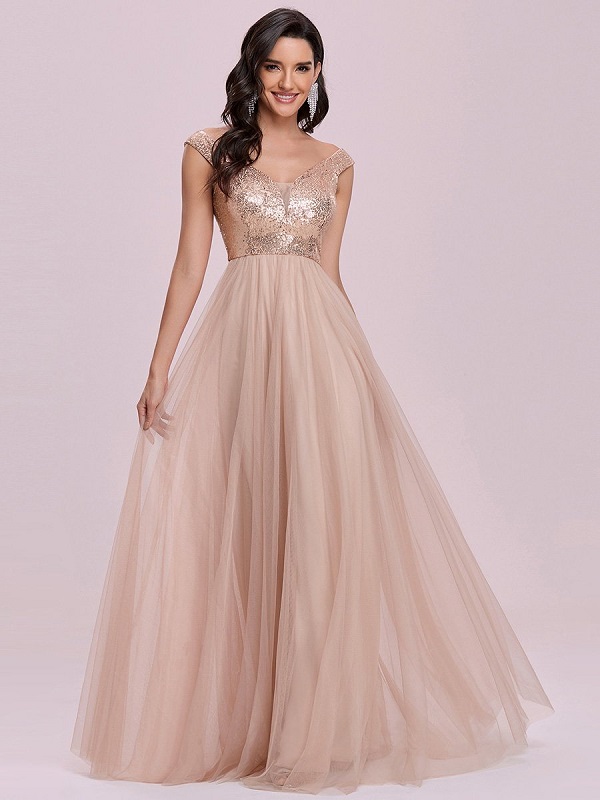 Flesh A-Line Backless Sequined Tulle Floor-Length Evening Dress