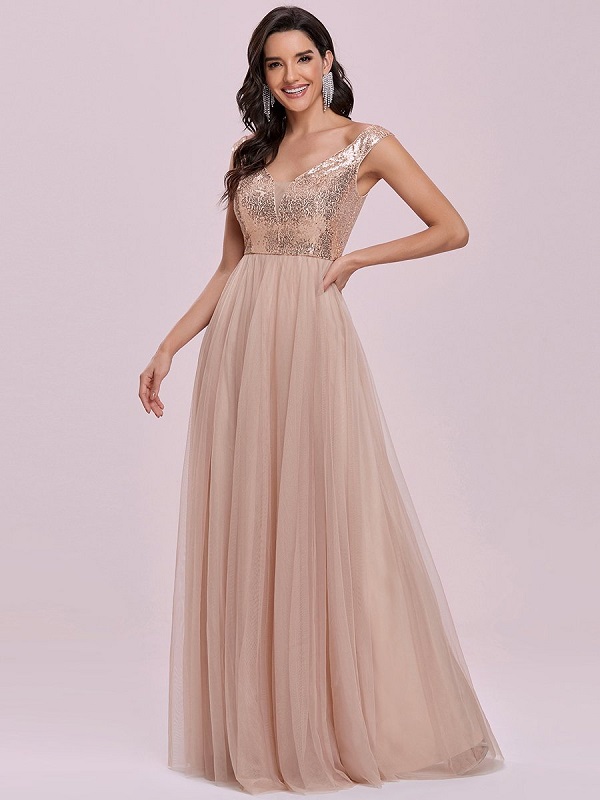 Flesh A-Line Backless Sequined Tulle Floor-Length Evening Dress - Image 2