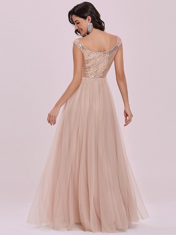 Flesh A-Line Backless Sequined Tulle Floor-Length Evening Dress - Image 4