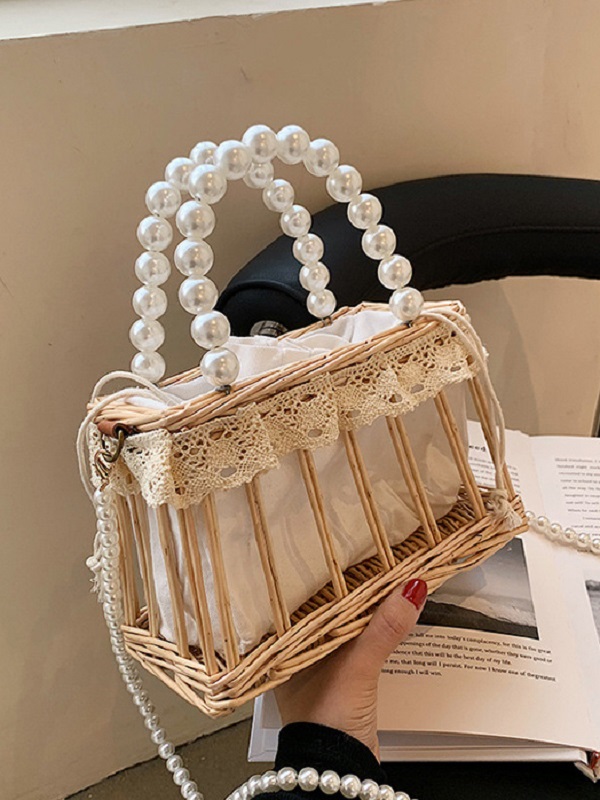 French Style Weave Faux-Pearl Handle Shoulder Bag - Image 3