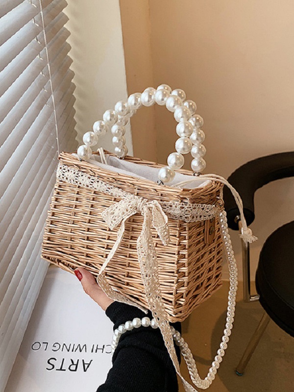French Style Weave Faux-Pearl Handle Shoulder Bag - Image 4