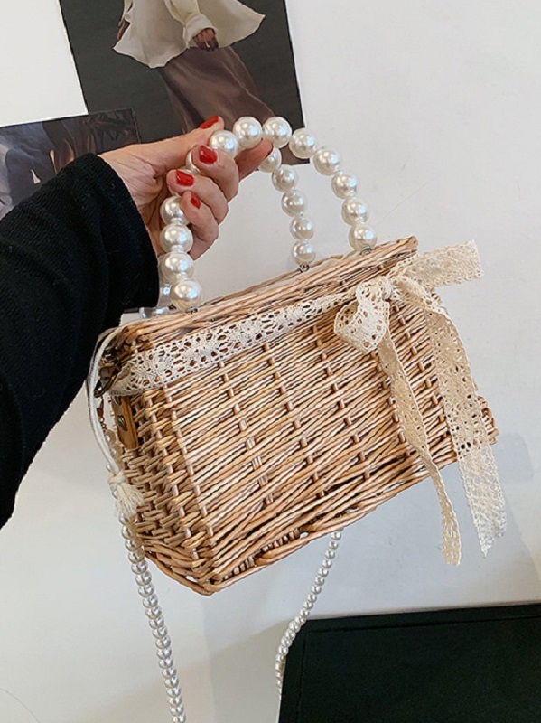 French Style Weave Faux-Pearl Handle Shoulder Bag - Image 7
