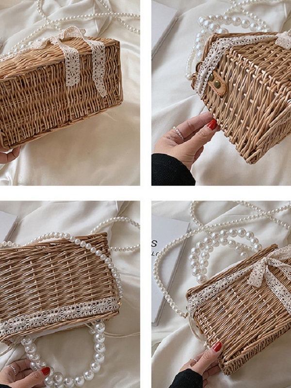 French Style Weave Faux-Pearl Handle Shoulder Bag - Image 8