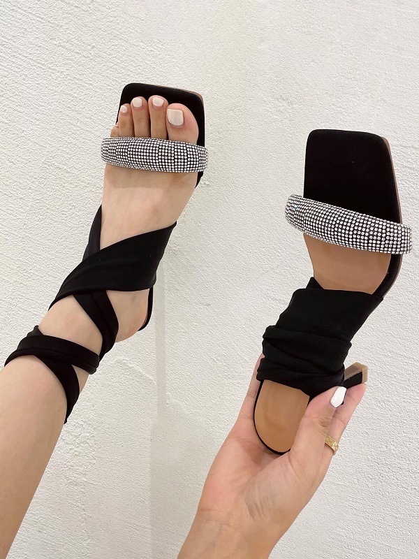 New Square Toe Rhinestone Roman Style Sandals - Image 2