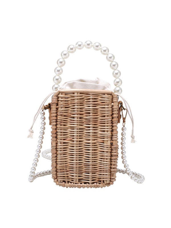 Straw Weave Faux-Pearl Handle Shoulder Bag