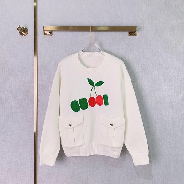 Fashion Long Sleeve Cherry Embroidery Letter Blended Pockets Sweats