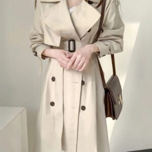 Long Trench Coat Double Breasted Sashes Casual Elegant Office Outerwear Jacket