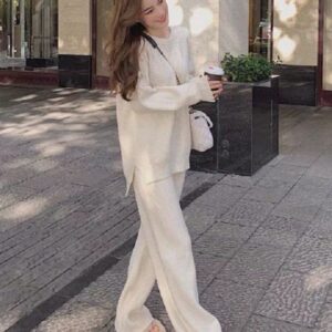 Pullover Knitting Sweater Suits Wide-legged Straight Pants Two Piece Set
