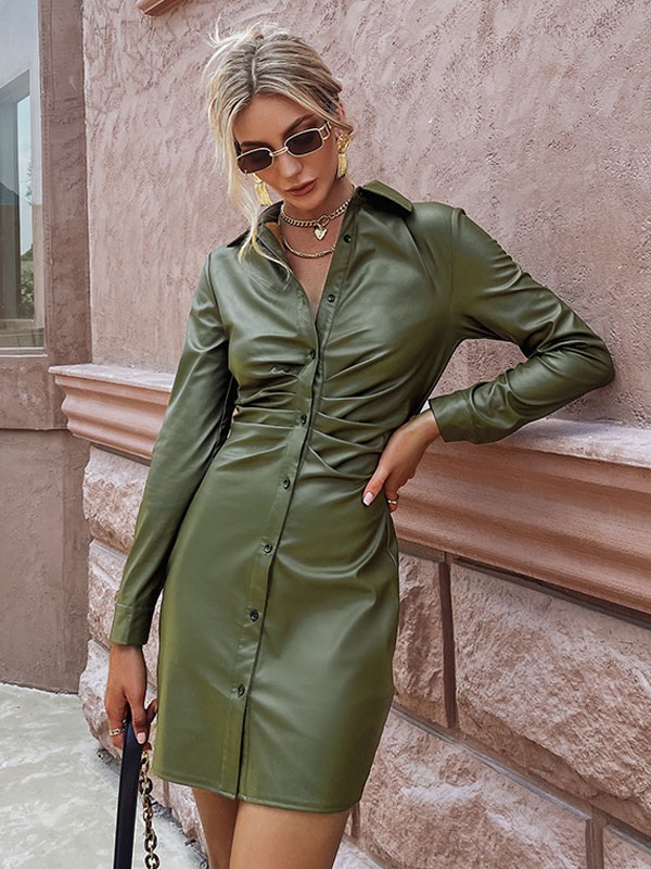 Dresses Shirt V-Neck Buttons Long Sleeves Stretch Midi Dress