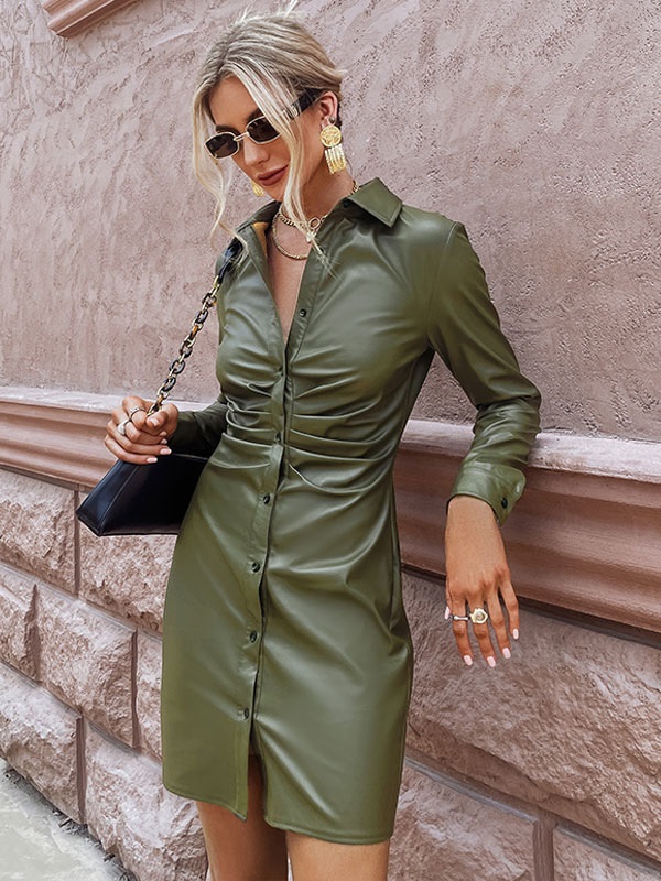 Dresses Shirt V-Neck Buttons Long Sleeves Stretch Midi Dress - Image 4