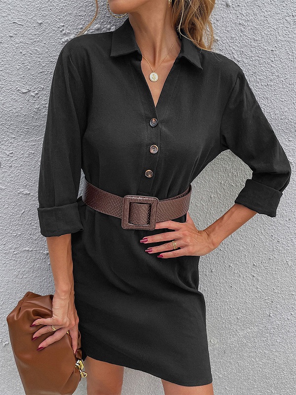 Fashion Buttons Polyester Long Sleeves Stretch V-Neck Midi Dress