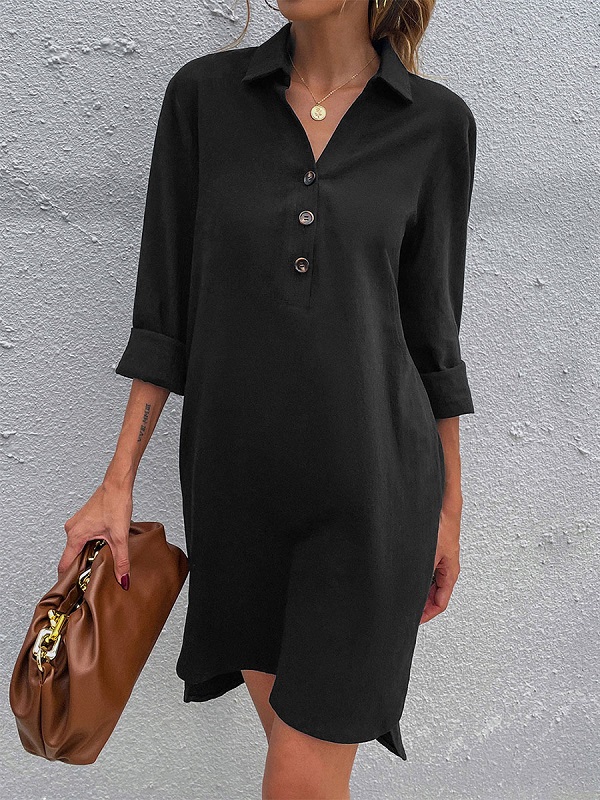 Fashion Buttons Polyester Long Sleeves Stretch V-Neck Midi Dress - Image 3