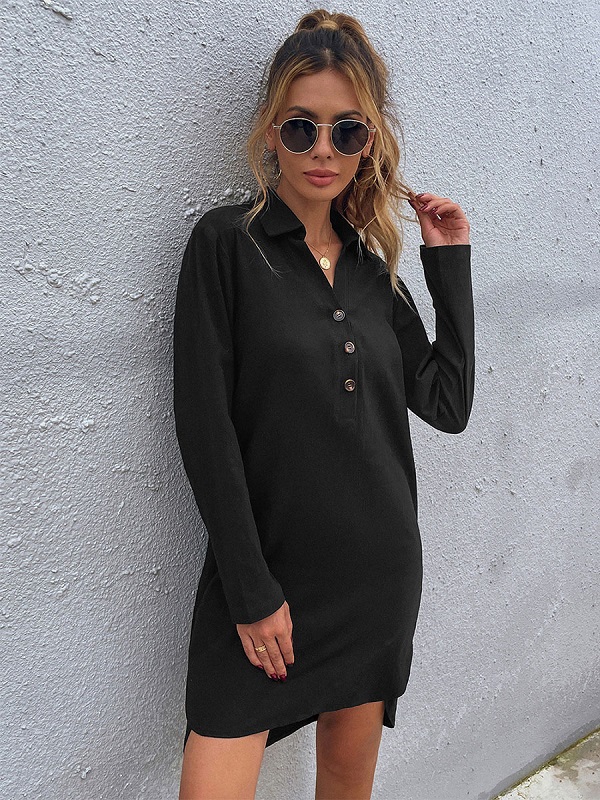 Fashion Buttons Polyester Long Sleeves Stretch V-Neck Midi Dress - Image 4