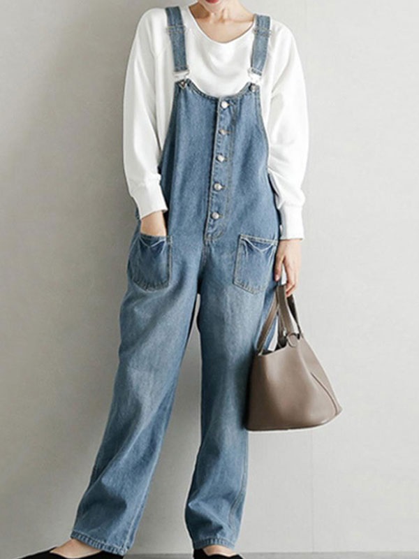 Overall Straps Neck Sleeveless Buttons Acrylic Straight Playsuit - Image 6