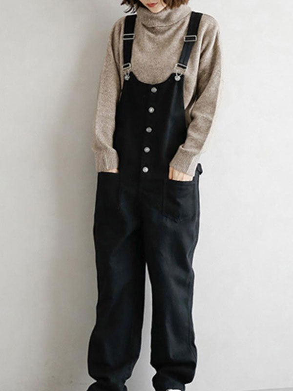 Overall Straps Neck Sleeveless Buttons Acrylic Straight Playsuit - Image 8