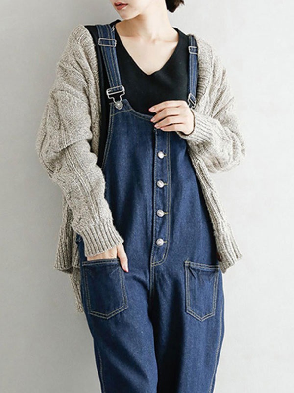 Overall Straps Neck Sleeveless Buttons Acrylic Straight Playsuit - Image 10