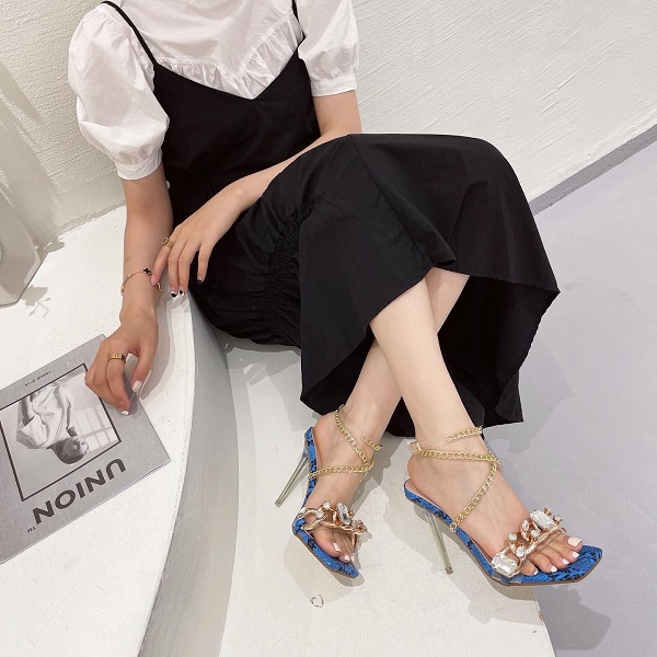 Crystal Metal Decoration Sexy Square Toe High Heels Sandals - Image 4