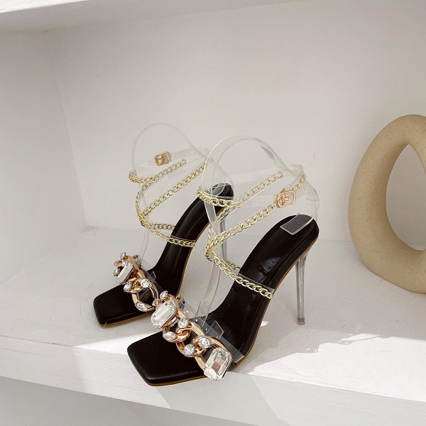 Crystal Metal Decoration Sexy Square Toe High Heels Sandals - Image 5