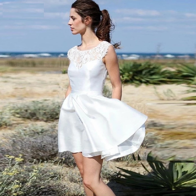 Short Wedding Dresses For Bride 2021 Knee Length Satin Beach Bride Gowns  Ruffles