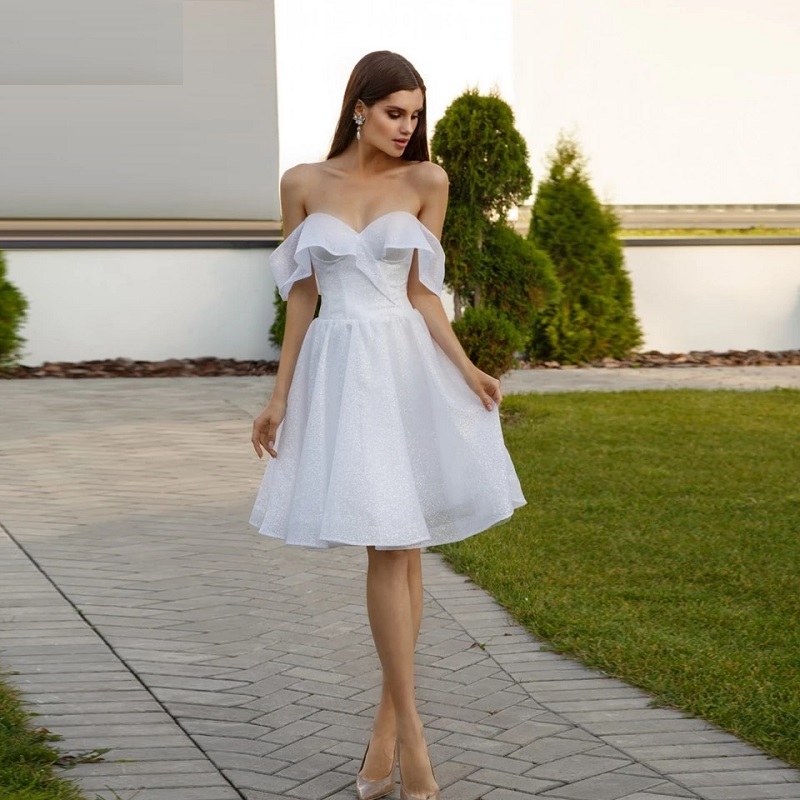 Sexy Off the Shoulder Sparkly Tulle Short Wedding Dress - TD Mercado