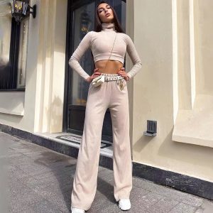 Two Piece Sets High Collar Piping Casual Pants Outfit