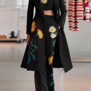 Two Piece Sets Polyester Piping Printed Casual Overcoat Outfit