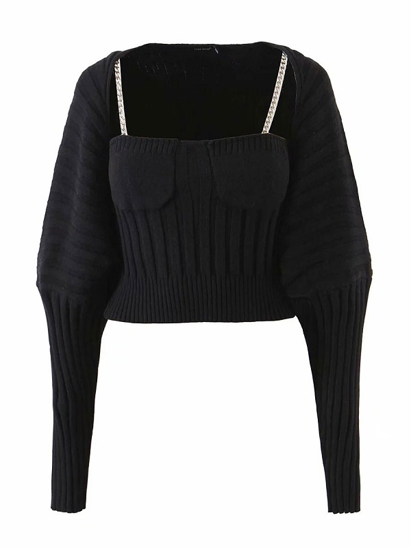 Two Piece Sets Polyester V Neck Chains Casual Top Outfit - Image 3