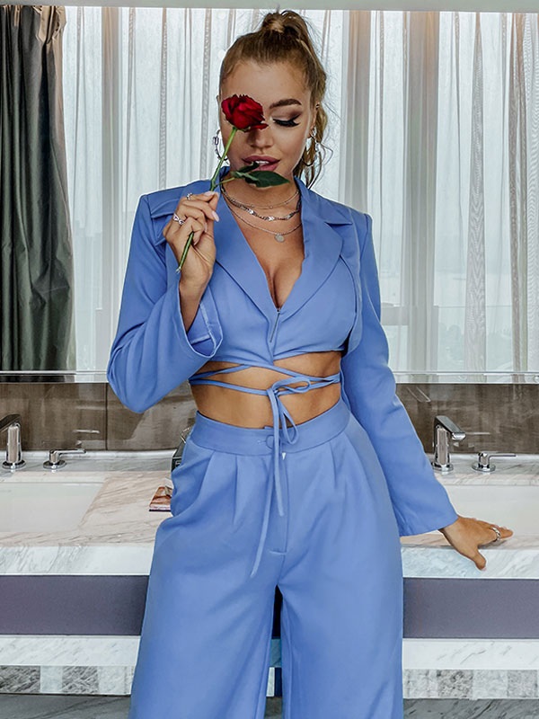 Two Piece Sets Turndown Collar Lace Up Casual Pants - Image 5