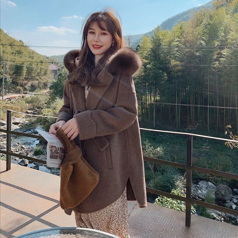 Luxury Fox Fur Collar Double-sided Fashion Hooded Coat