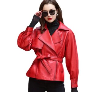 Slim-fit Bow Tie Belt Leather Trench Coat Jacket