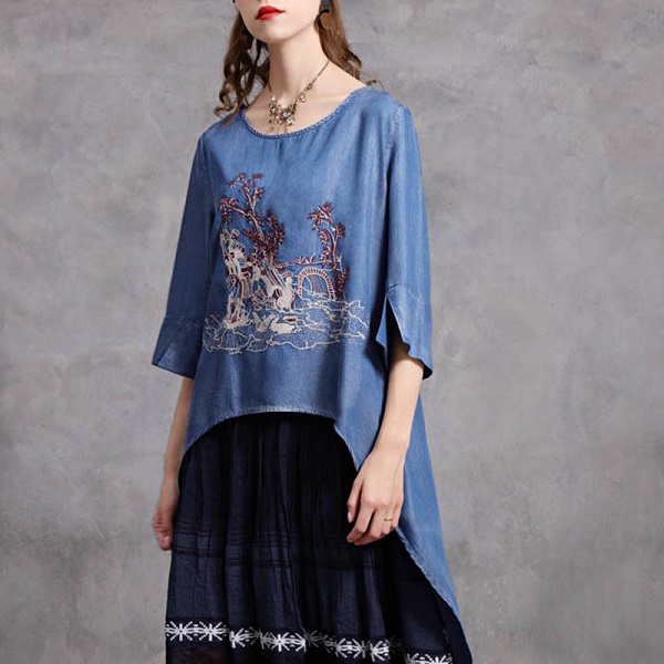 Denim Half Sleeve Embroidery Tops High Low Tees