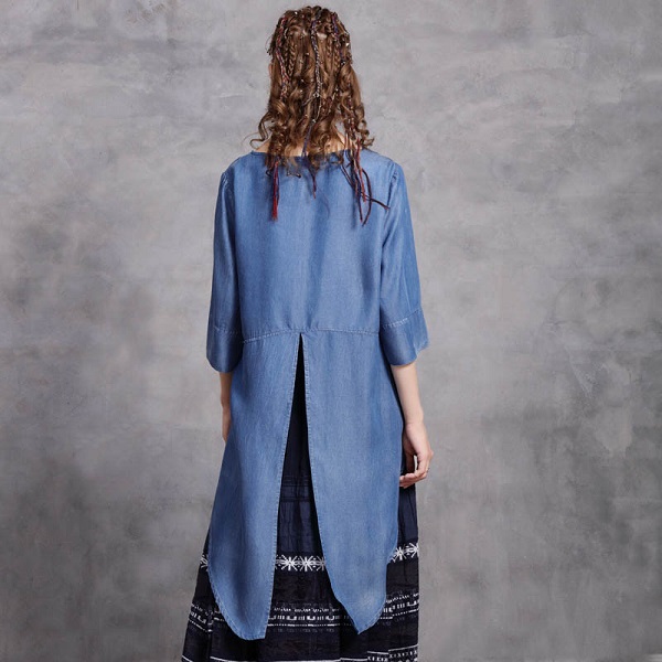 Denim Half Sleeve Embroidery Tops High Low Tees - Image 2