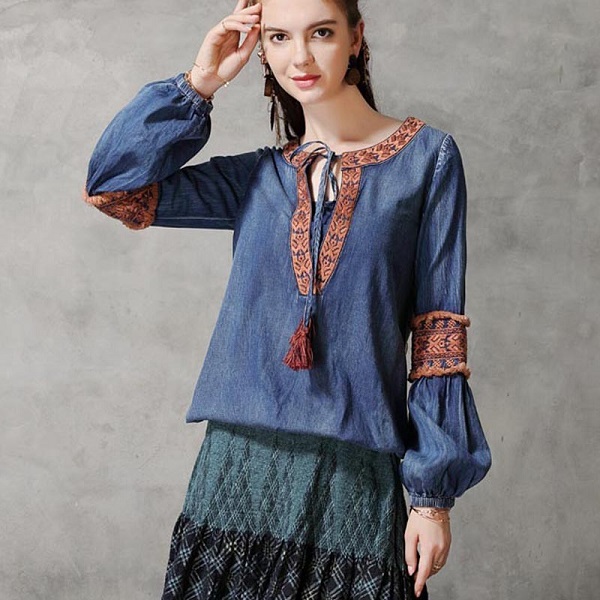 Denim Shirts Long Lantern Sleeve Embroidery Blouses Tops