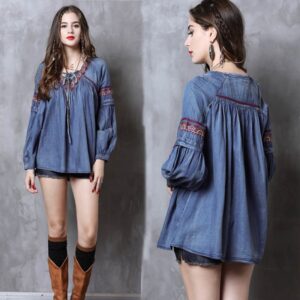 Denim Shirts Long Sleeve Embroidery Blouses Tops