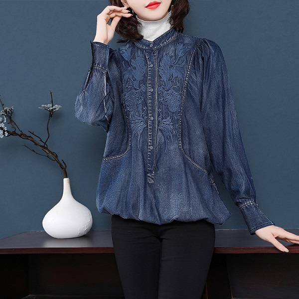 Fashion Cotton Denim Shirts Embroidery Blouses Tops
