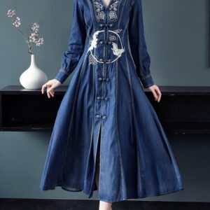 Fashion Long Maxi Embroidery Single Breasted Denim Dresses